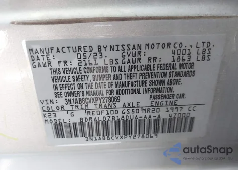 2023 Nissan Sentra Sv Xtronic Cvt из США, поврежденный, VIN 3N1AB8CVXPY278069